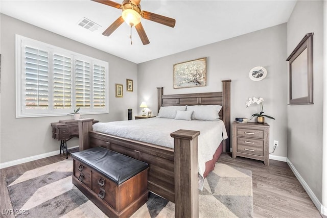 bedroom with ceiling fan and light wood-type flooring