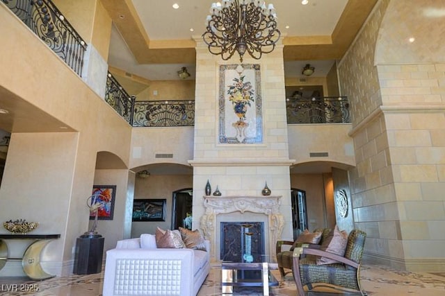 living room with a high ceiling