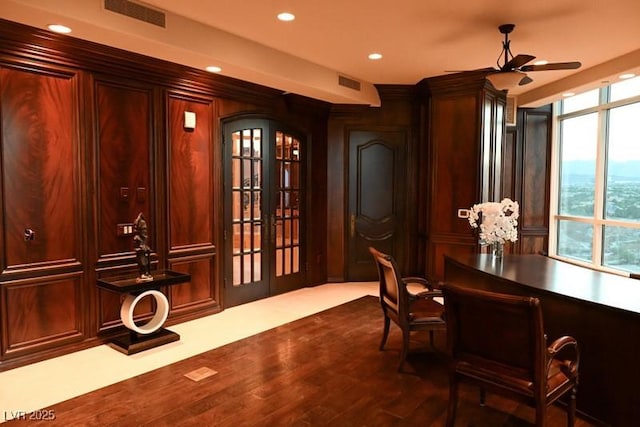 office space featuring ceiling fan and french doors