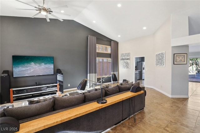 living room with lofted ceiling and ceiling fan