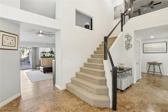 stairway with a high ceiling