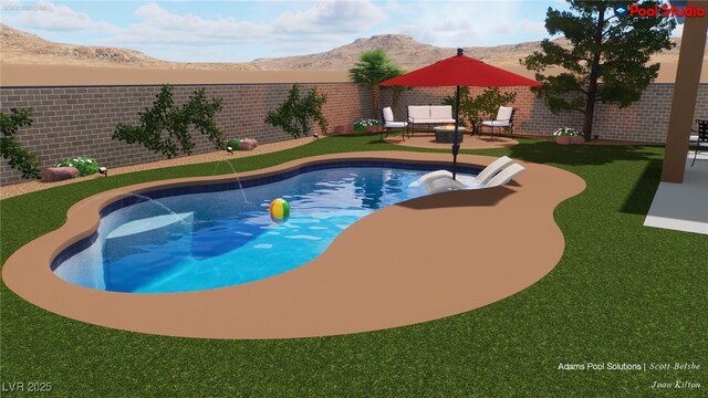 view of swimming pool with a mountain view, a fenced backyard, and a patio area