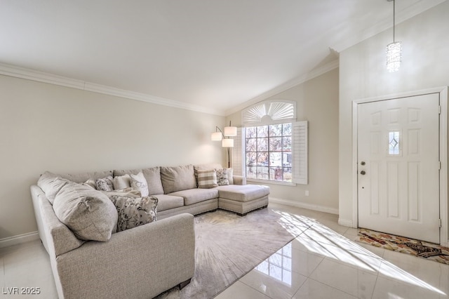 living room with crown molding and vaulted ceiling