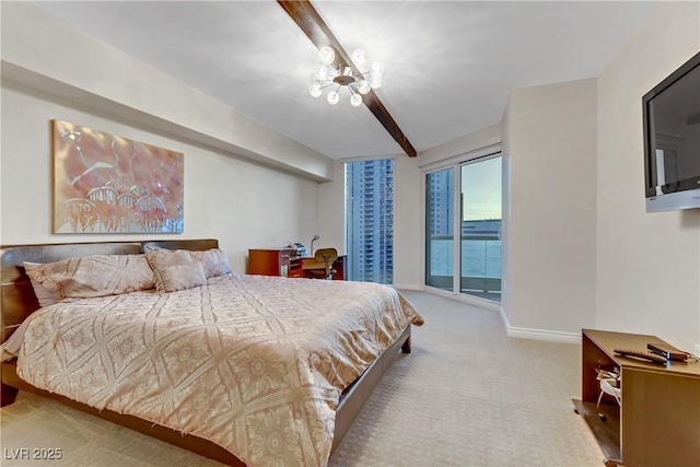 bedroom with beamed ceiling, access to outside, light colored carpet, and a notable chandelier