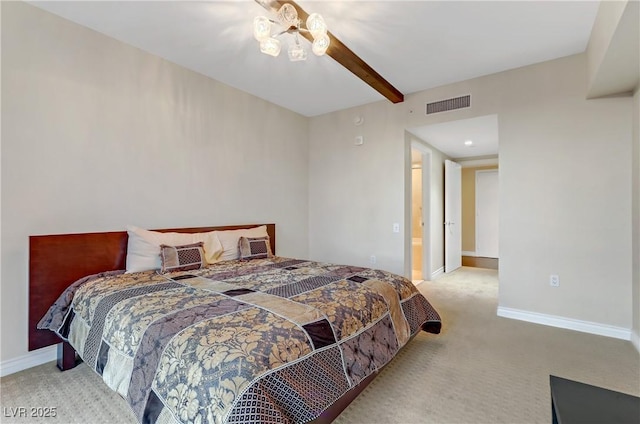 bedroom featuring light carpet and beamed ceiling