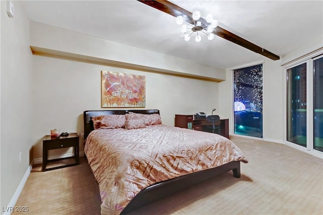 carpeted bedroom with beamed ceiling, ceiling fan, and access to outside