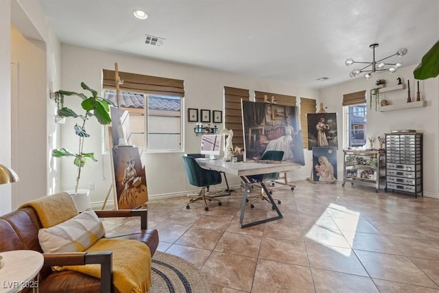 office area featuring a notable chandelier and light tile patterned flooring