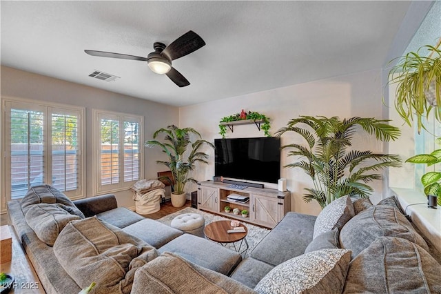 living room with hardwood / wood-style floors and ceiling fan