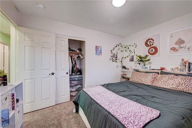 bedroom with carpet floors, a textured ceiling, and a closet