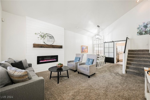 carpeted living room featuring vaulted ceiling and a fireplace