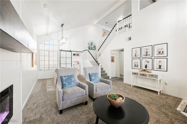 living room featuring high vaulted ceiling and carpet flooring