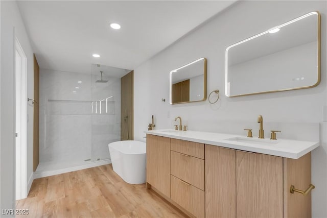 bathroom with hardwood / wood-style floors, vanity, and independent shower and bath