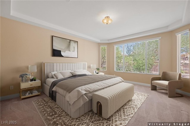 bedroom featuring a raised ceiling and carpet flooring