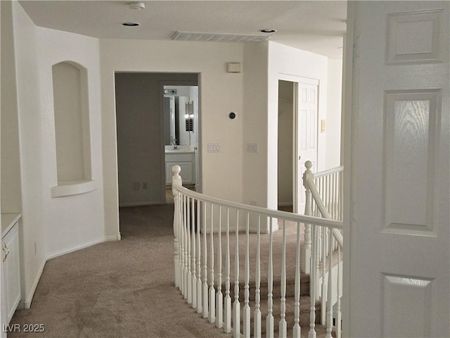 hall featuring carpet and sink