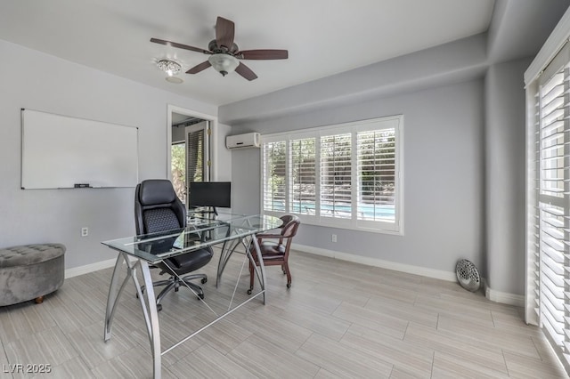 home office with a wall mounted AC and ceiling fan