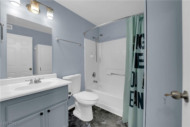 full bathroom featuring vanity, shower / bath combination with curtain, and toilet