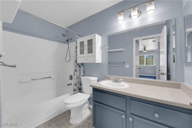 full bathroom featuring shower / tub combo, tile patterned floors, vanity, ceiling fan, and toilet