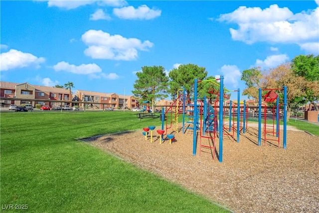 view of jungle gym with a yard