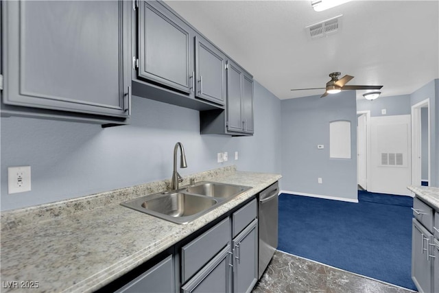 kitchen with gray cabinetry, dark colored carpet, sink, stainless steel dishwasher, and ceiling fan