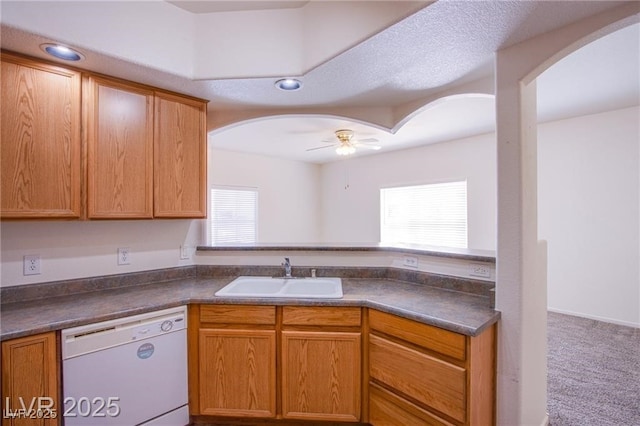 kitchen with ceiling fan, carpet flooring, dishwasher, and sink