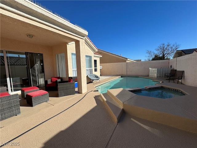 view of swimming pool featuring outdoor lounge area, an in ground hot tub, and a patio area