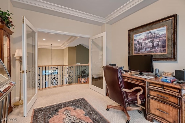 carpeted office featuring crown molding and french doors