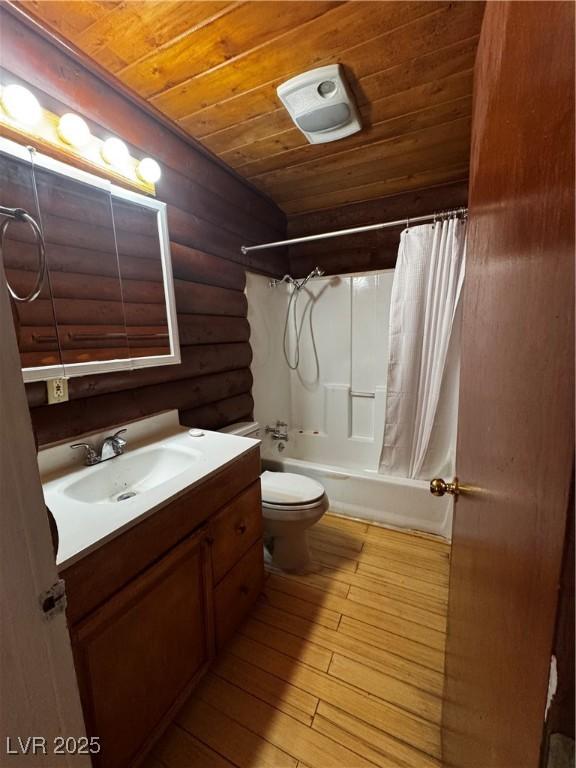 full bathroom with shower / bath combo, wood ceiling, log walls, hardwood / wood-style flooring, and toilet