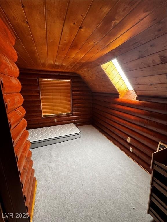 bonus room with carpet flooring, rustic walls, wood ceiling, and vaulted ceiling