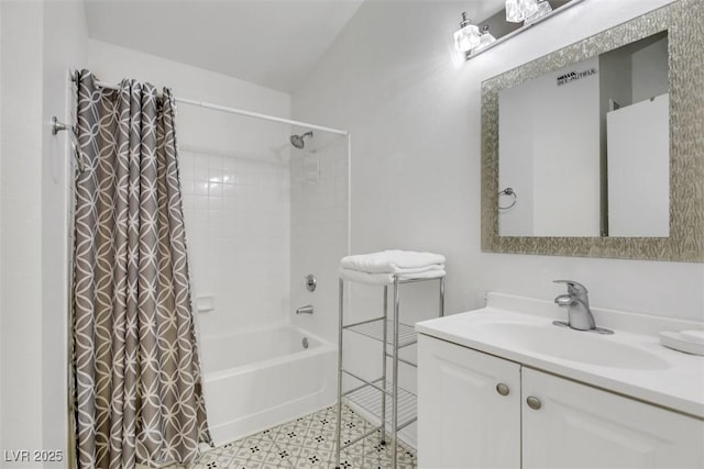 bathroom with shower / bath combination with curtain and vanity