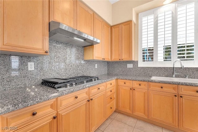 kitchen with sink, stainless steel gas cooktop, tasteful backsplash, and ventilation hood