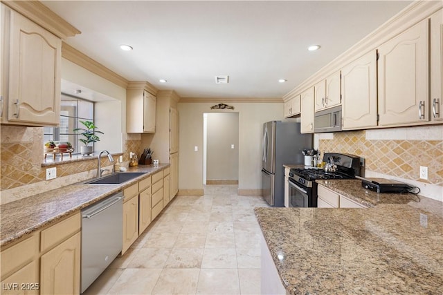 kitchen featuring crown molding, sink, tasteful backsplash, light stone counters, and stainless steel appliances