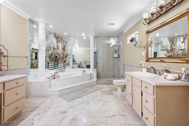 full bathroom with vanity, crown molding, toilet, independent shower and bath, and decorative columns