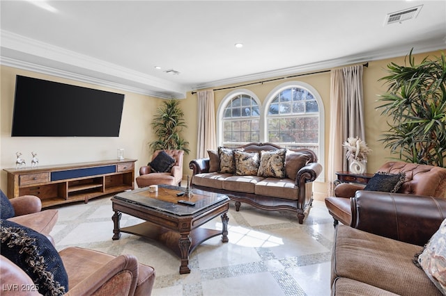 living room featuring light tile patterned floors and ornamental molding