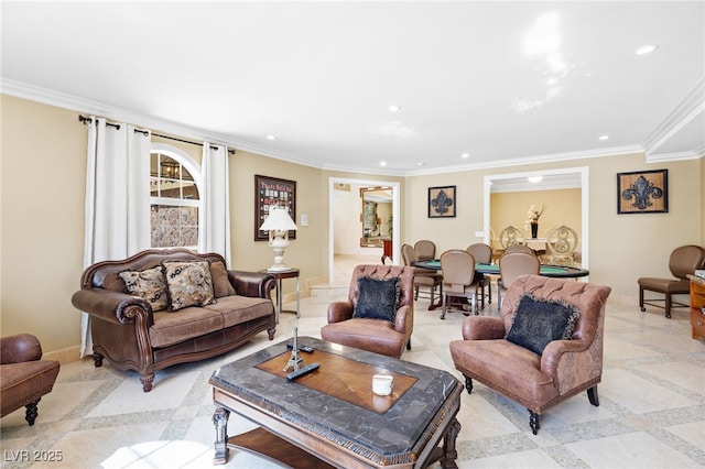 living room with crown molding