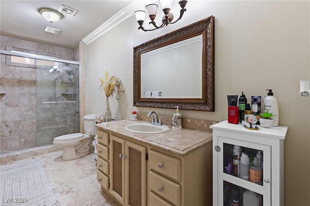 bathroom featuring walk in shower, an inviting chandelier, toilet, vanity, and ornamental molding