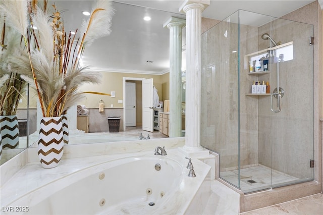 bathroom with plus walk in shower, decorative columns, and crown molding