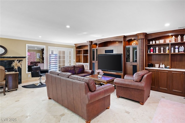 living room with crown molding