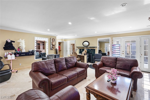 tiled living room featuring crown molding