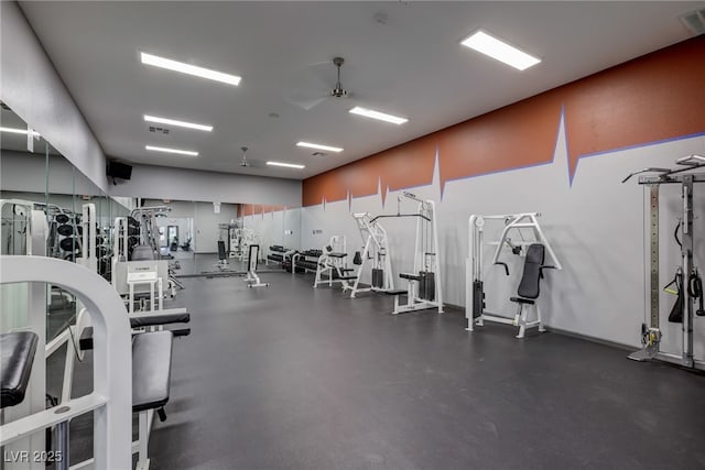 exercise room featuring ceiling fan