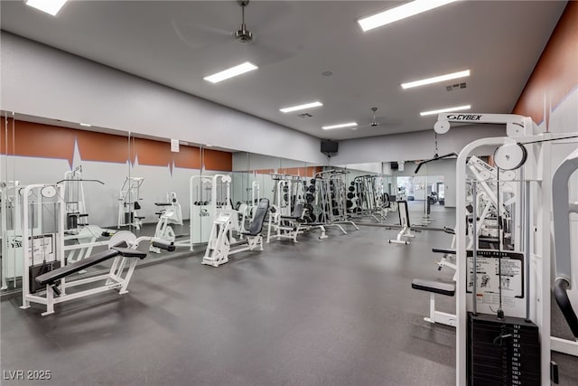 workout area featuring ceiling fan