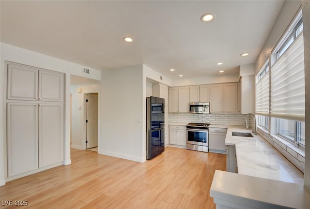 kitchen with backsplash, sink, light wood-type flooring, and appliances with stainless steel finishes