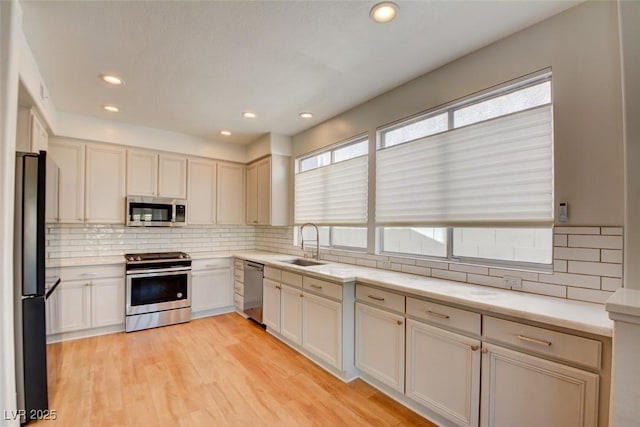 kitchen with decorative backsplash, sink, light wood-type flooring, and appliances with stainless steel finishes