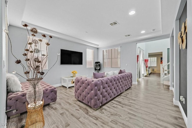 living room featuring a raised ceiling and light hardwood / wood-style flooring