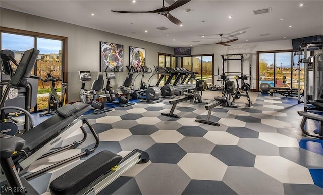 workout area featuring ceiling fan