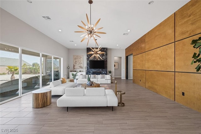 living room featuring a chandelier