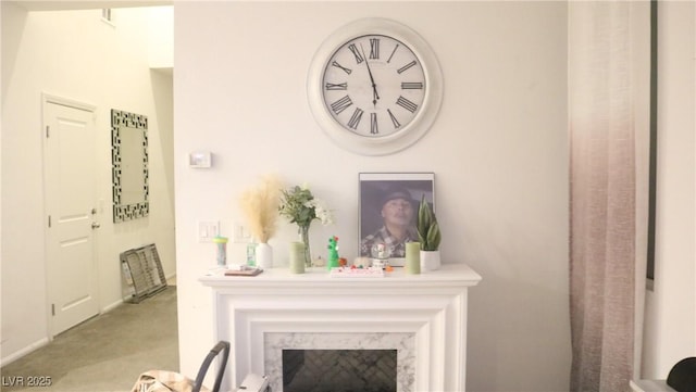 details featuring a fireplace and carpet floors