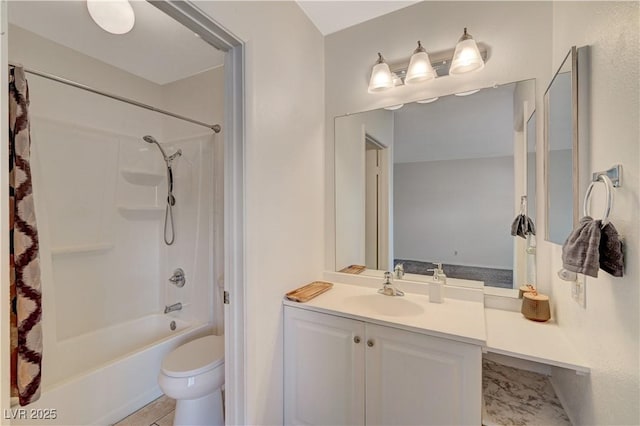 full bathroom featuring tile patterned flooring, vanity, shower / bathtub combination, and toilet