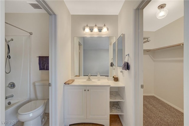 full bathroom with vanity,  shower combination, and toilet