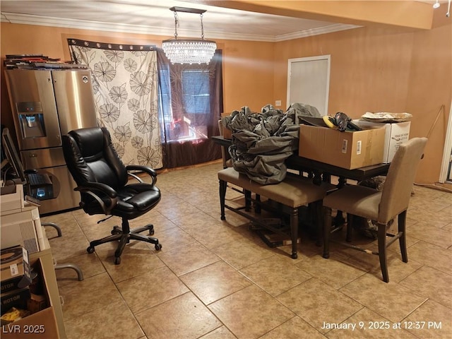 dining area with crown molding and a notable chandelier