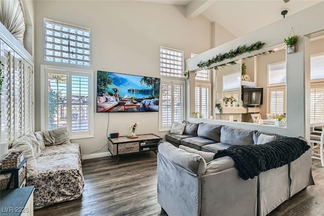 living room with beam ceiling, high vaulted ceiling, and dark hardwood / wood-style floors